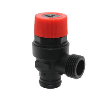 Valvola di sicurezza in plastica ad attacco rapido diametro 20 mm. con O-ring, attacco scarico 1/2" M. - 3 bar.